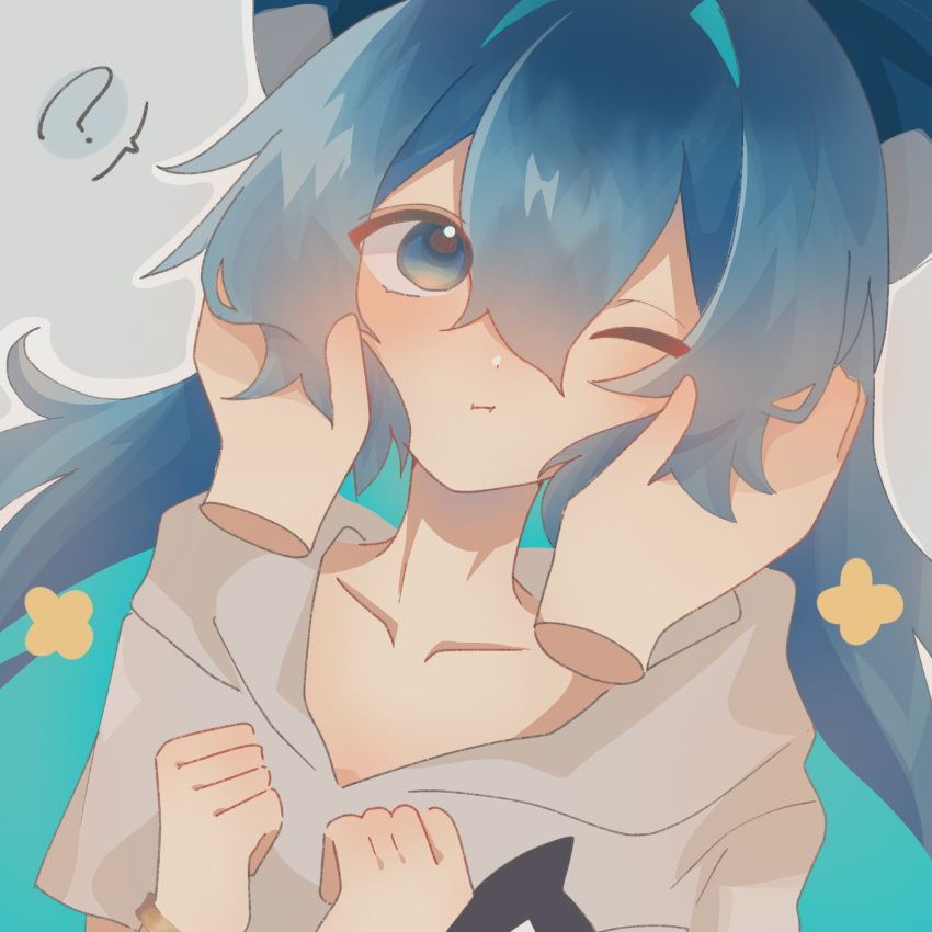 1girl, ?, blue_bow, blue_hair, bow, closed_mouth, collarbone, commentary_request