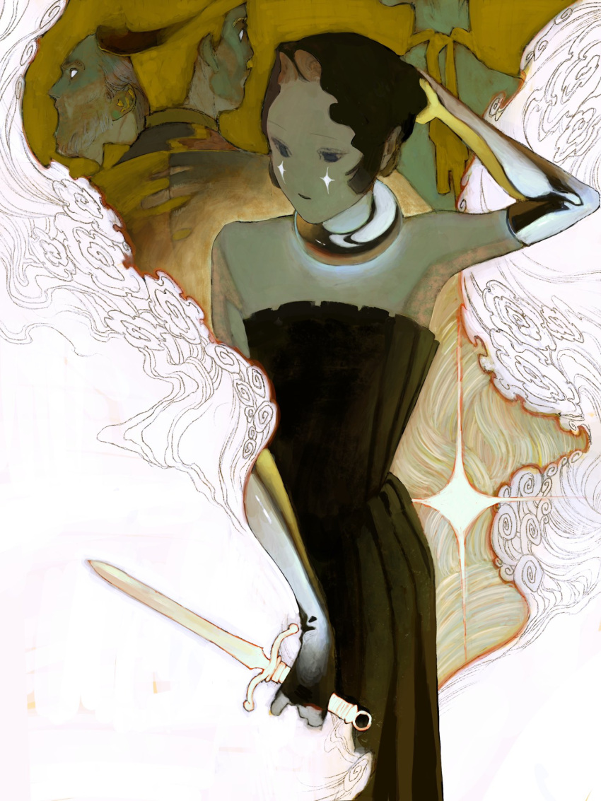 2boys, 2girls, arm_up, bare_shoulders, black_dress, black_hair, collar, dagger