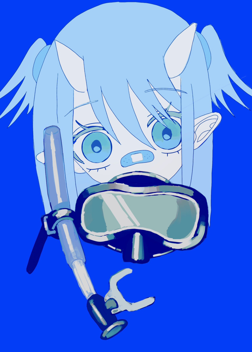 1girl, bandaid, bandaid_on_face, bandaid_on_nose, blue_background, blue_eyes, blue_hair, blue_theme