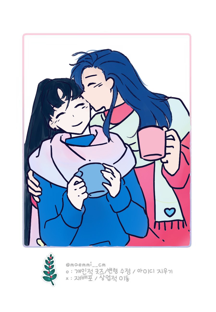 2girls, ^_^, ado_(utaite), asa_5732, black_hair, blue_hair, blue_scarf, blue_sweater, closed_eyes, closed_mouth, cloud_nine_inc, commentary_request, cup, hand_on_another's_arm, height_difference, highres, holding, holding_cup, kiss, kissing_cheek, korean_text, long_hair, long_sleeves, merry_(ado), multiple_girls, naima_(ado), pink_scarf, pink_sweater, readymade_(ado), scarf, smile, sweater, translation_request, usseewa, voice_actor_connection, yuri