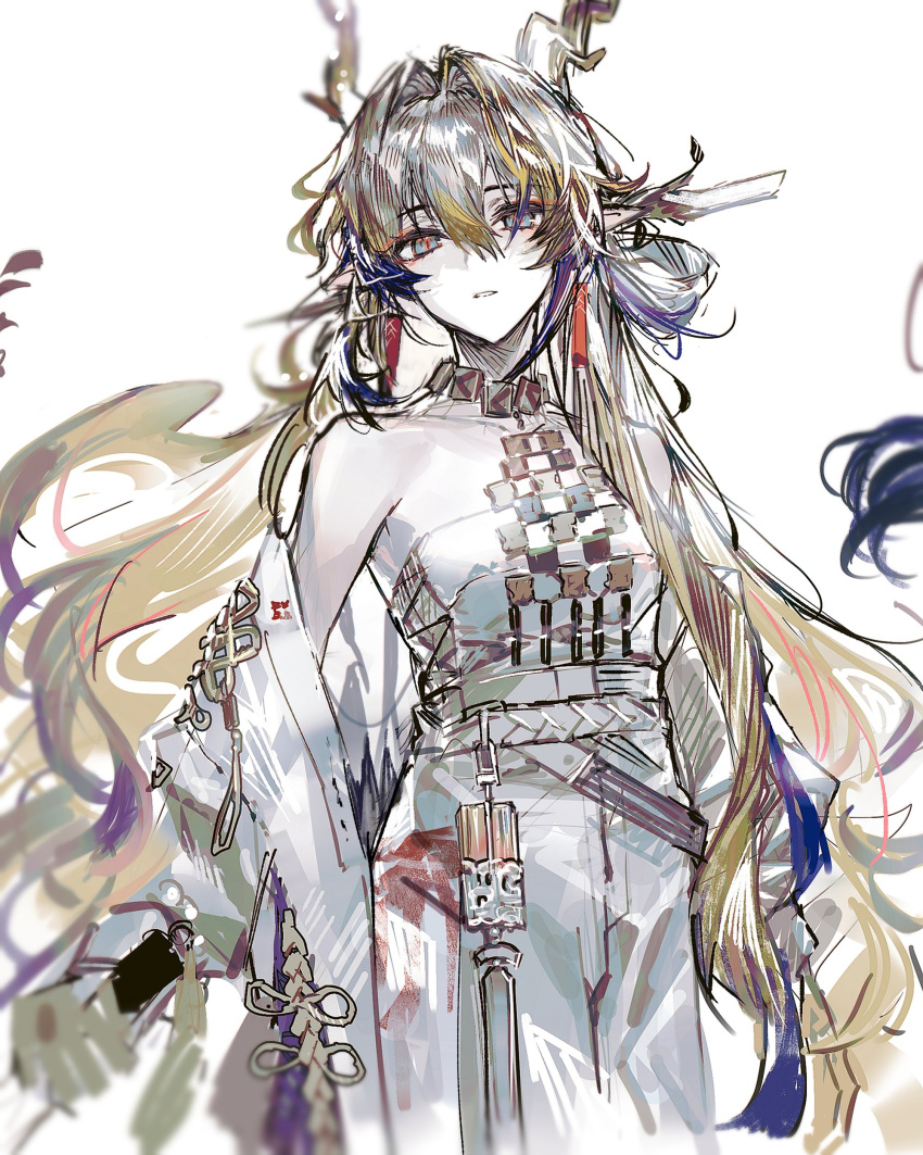 1girl, absurdres, arknights, bare_shoulders, blue_hair, breasts, brown_hair, collarbone, dragon_horns, grey_eyes, grey_hair, grlcbrd_butter, hair_between_eyes, hair_intakes, highres, horns, jacket, long_hair, long_sleeves, looking_at_viewer, multicolored_hair, off_shoulder, open_clothes, open_jacket, parted_lips, puffy_long_sleeves, puffy_sleeves, shu_(arknights), simple_background, skirt, small_breasts, solo, strapless, streaked_hair, very_long_hair, white_background, white_jacket, white_skirt