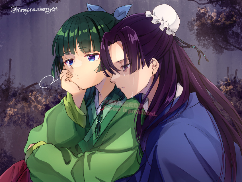 1boy, 1girl, :/, absurdres, beads, blue_eyes, blue_ribbon, blunt_bangs