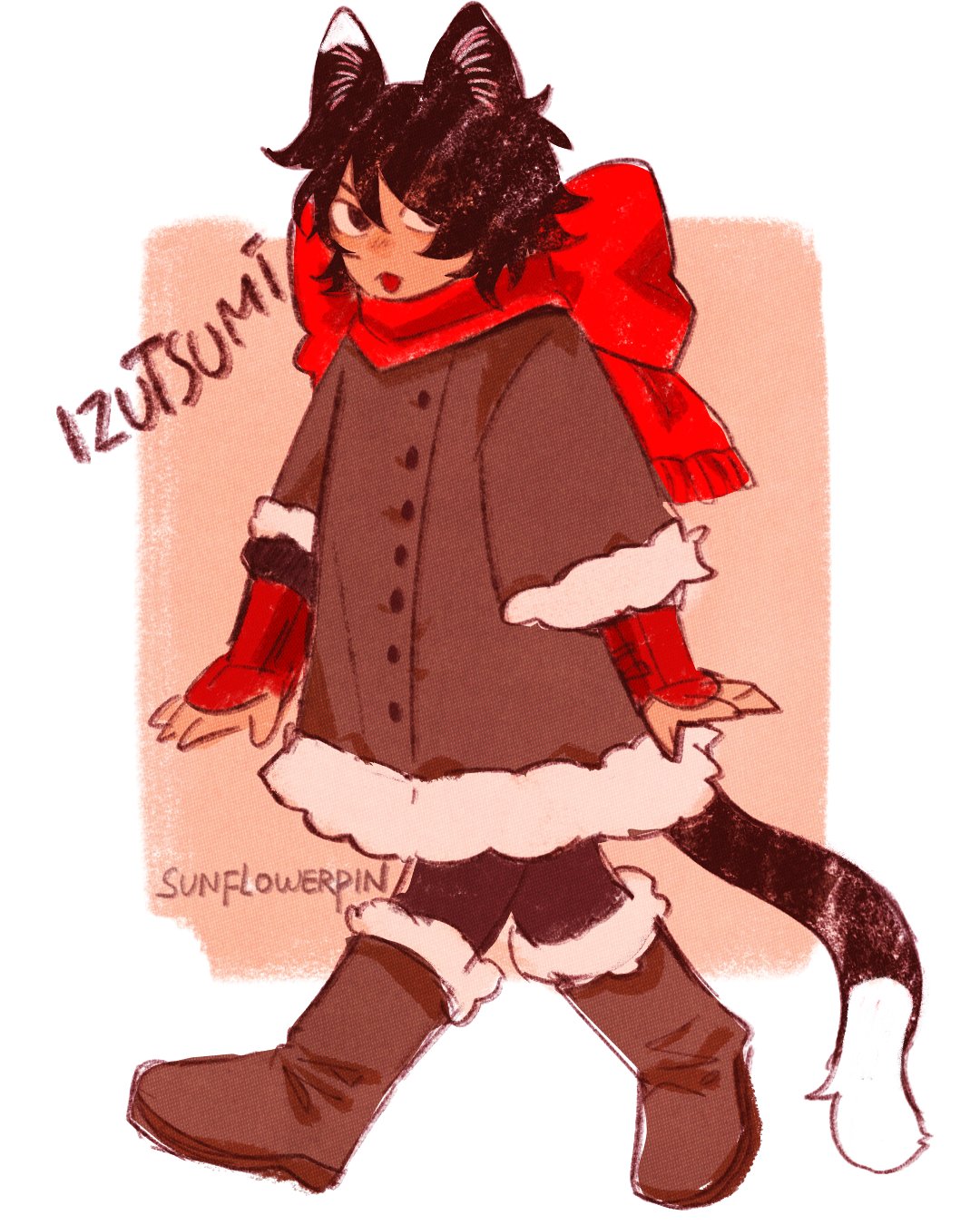 1girl, :p, animal_ears, arm_guards, black_hair, body_fur, boots, brown_coat, brown_footwear, cat_ears, cat_girl, cat_tail, character_name, coat, commentary, dungeon_meshi, flower, from_side, fur-trimmed_boots, fur-trimmed_coat, fur-trimmed_sleeves, fur_trim, highres, izutsumi, looking_at_viewer, mismatched_animal_ear_colors, outside_border, red_scarf, scarf, short_hair, short_sleeves, sideways_glance, sketch, solo, sunnyflowerday1, tail, tongue, tongue_out, twitter_username, walking, winter_clothes