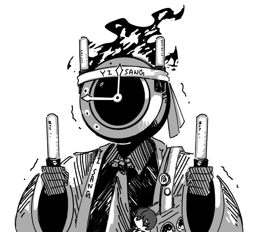 1other, bag, character_badge, character_doll, clock, dante_(limbus_company), glowstick, greyscale, headband, limbus_company, monochrome, necktie, object_head, project_moon, shashasha, simple_background, solo, tote_bag, upper_body, yi_sang_(project_moon)