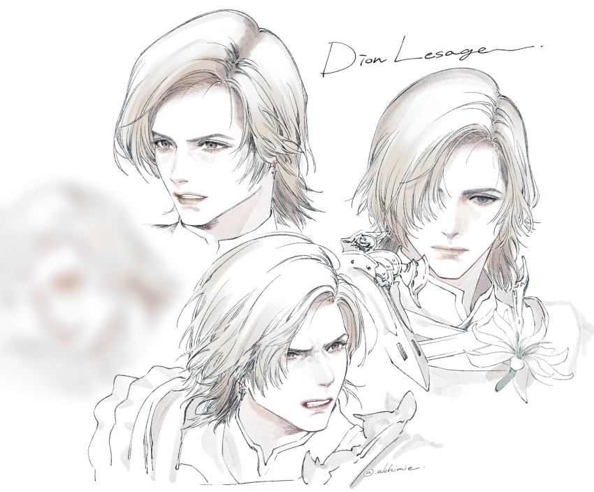 1boy, alchimie, blonde_hair, blurry, blurry_background, character_name, clenched_teeth, closed_mouth, corsage, dion_lesage, final_fantasy, final_fantasy_xvi, flower, frilled_shirt, frills, hair_over_one_eye, highres, male_focus, medium_hair, multiple_views, one_eye_covered, parted_lips, portrait, shirt, solo, swept_bangs, teeth, twitter_username, white_background