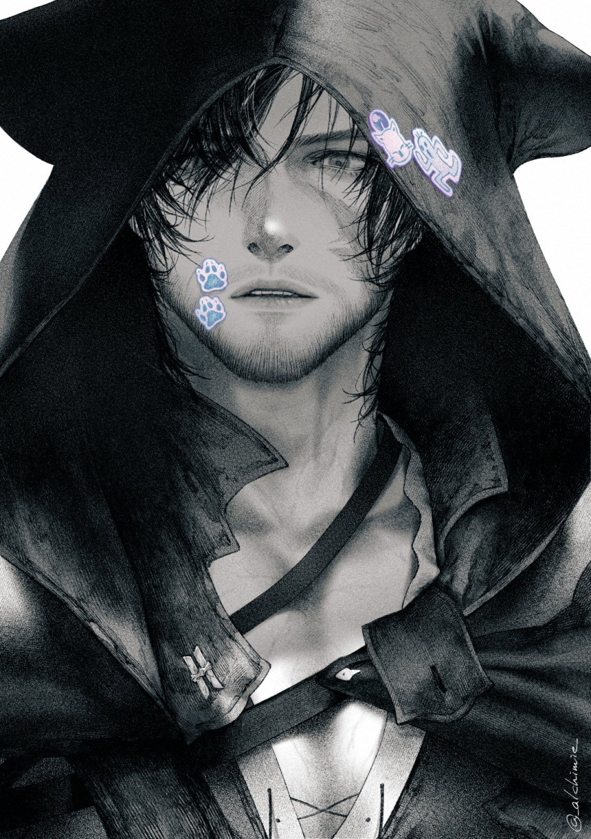 1boy, alchimie, animal_hood, black_hair, clive_rosfield, cloak, collarbone, facial_hair