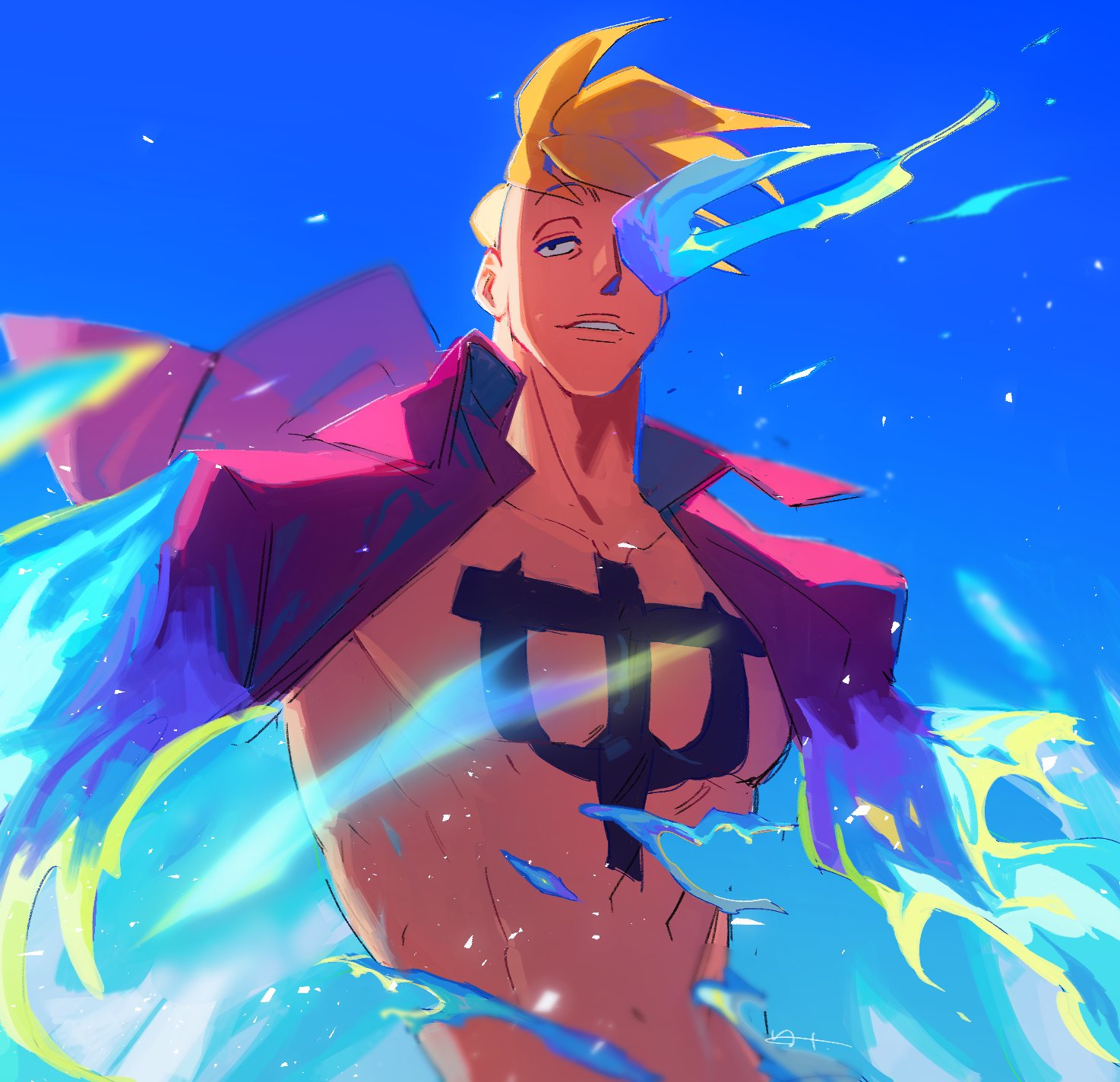 1boy, blonde_hair, blue_fire, blue_sky, chest_tattoo, commentary, doodlz1p, fire