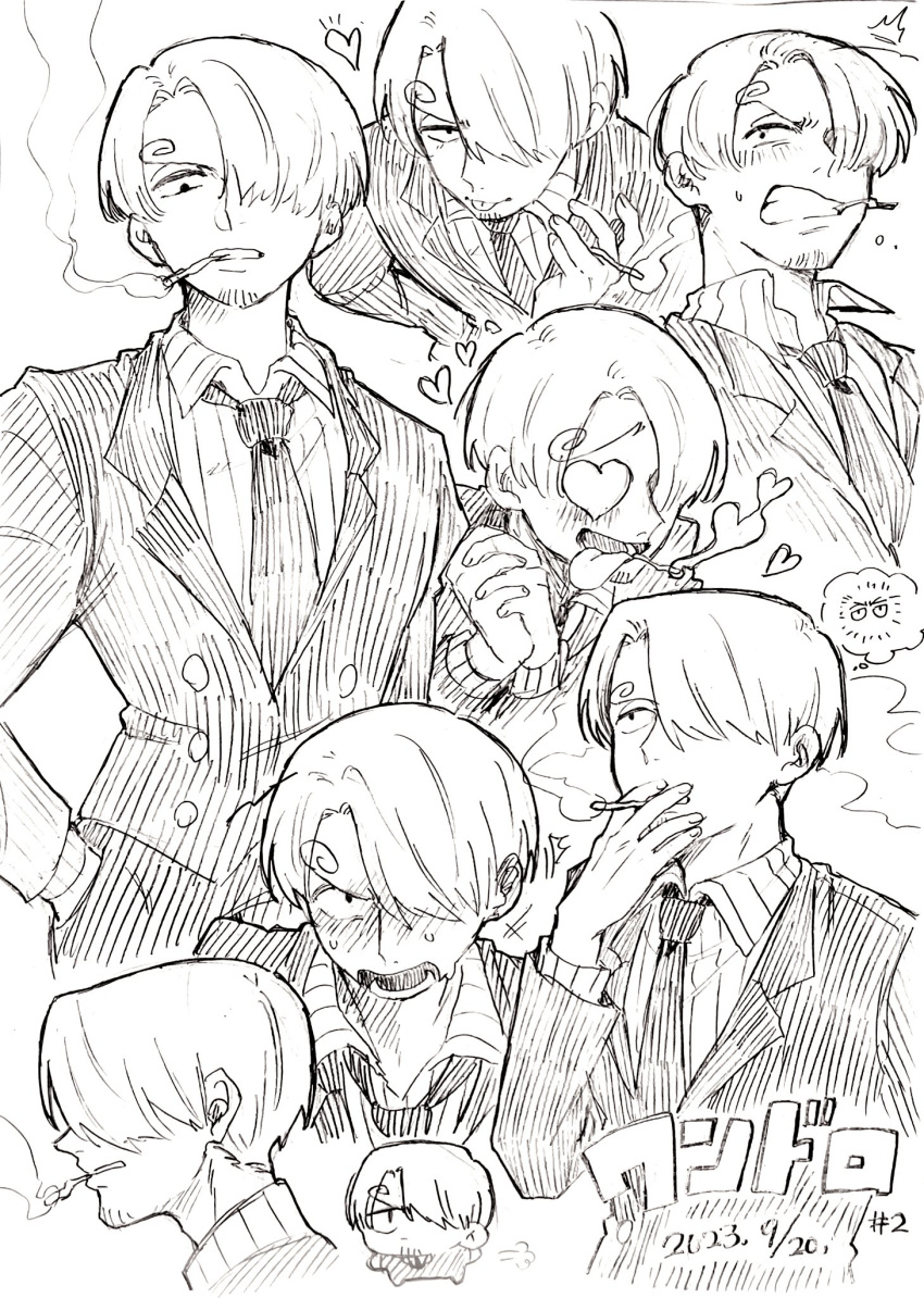 1boy, 2023, beard_stubble, blush, buttons, chibi, cigarette, clenched_teeth