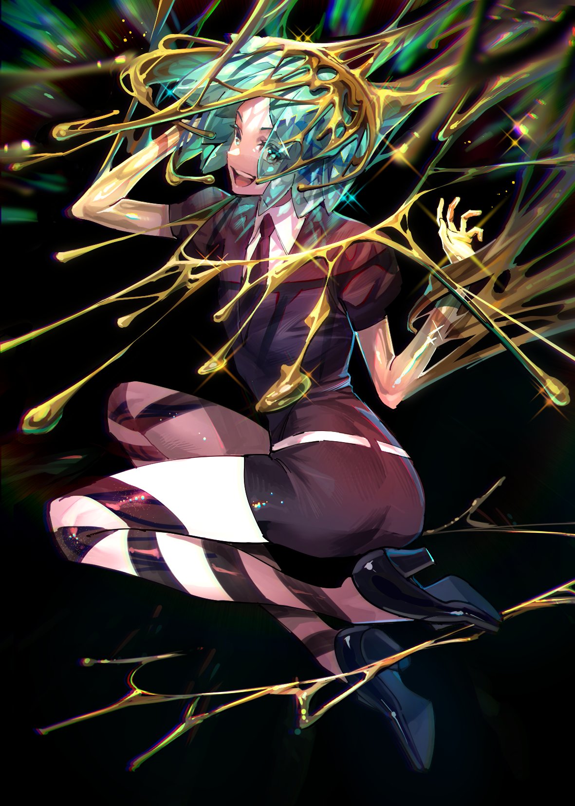 1other, aqua_hair, black_background, black_footwear, black_necktie, collared_shirt, commentary_request, full_body