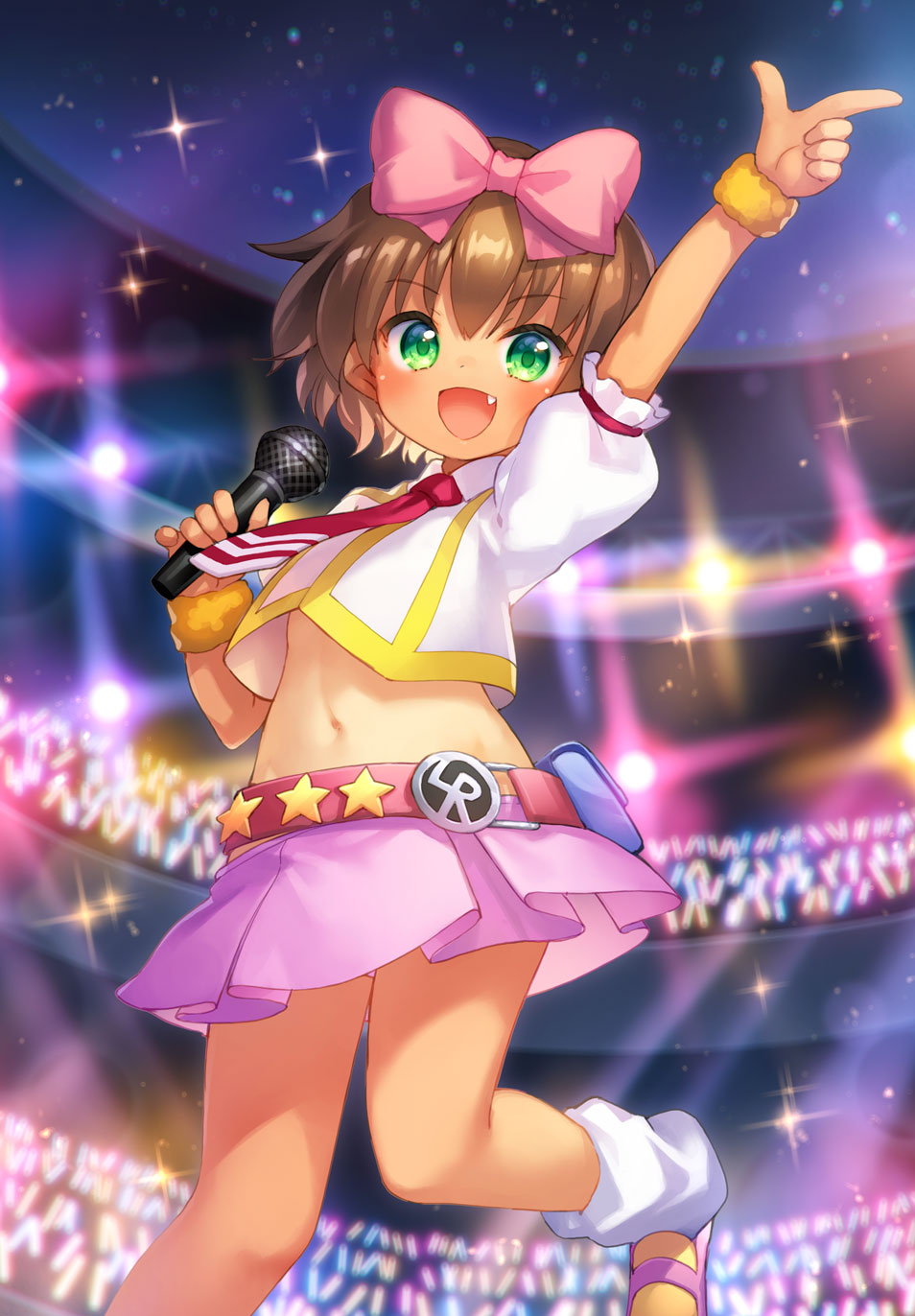 arm_up, belt, bow, brown_hair, cropped_shirt, dancing, dot_nose, fang