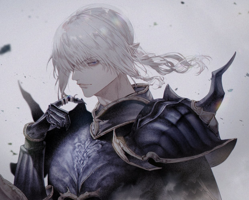 1boy, alchimie, armor, bags_under_eyes, blue_eyes, braid, clawed_gauntlets, closed_mouth