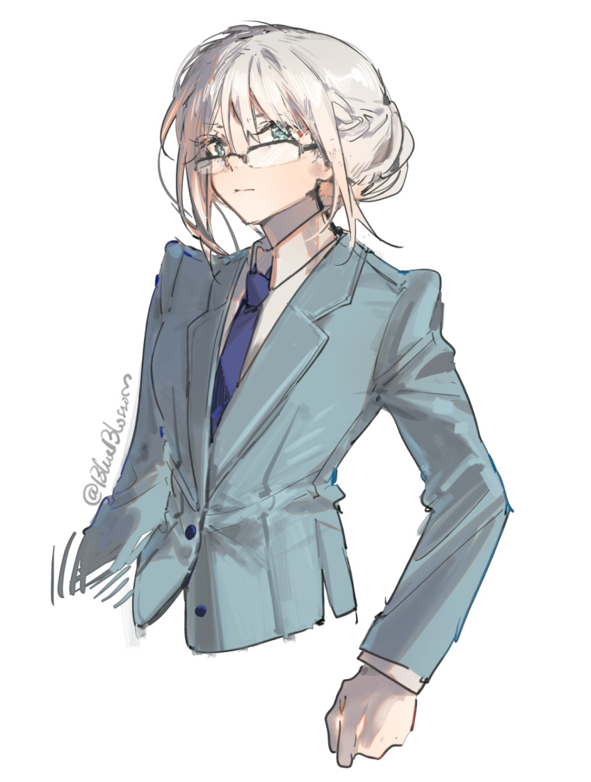 1girl, an-94_(antje)_(girls'_frontline), an-94_(girls'_frontline), aqua_eyes, aqua_jacket, blue_necktie, blueblossom, business_suit