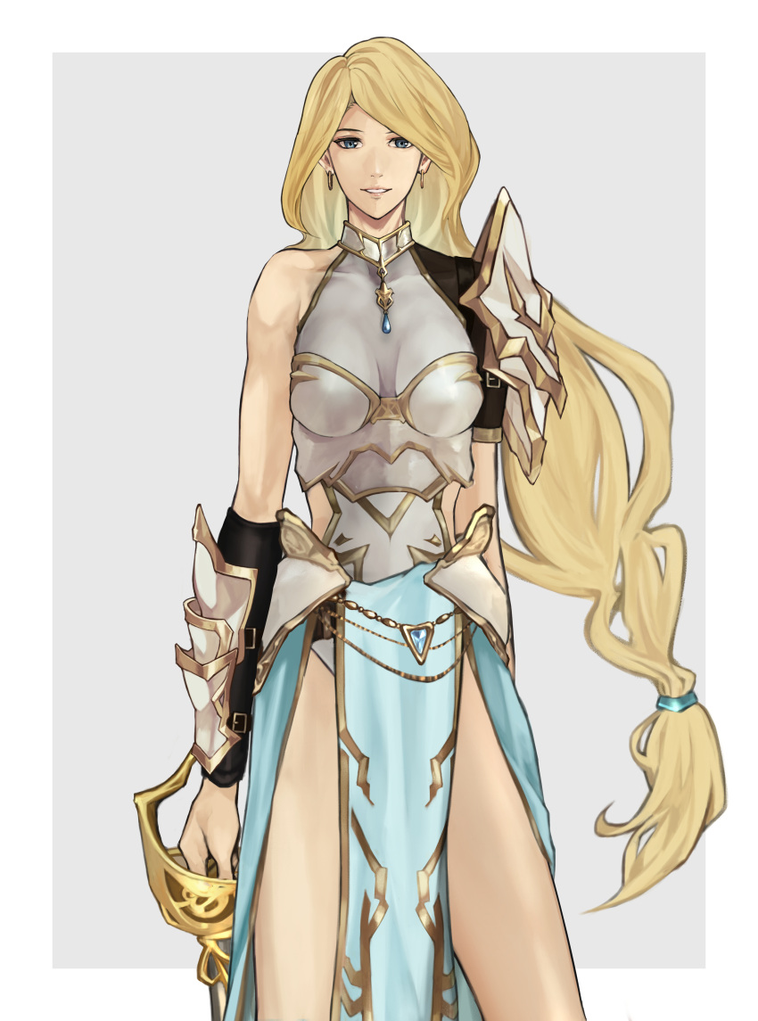 1girl, absurdres, armor, bahamut_lagoon, blonde_hair, breasts, earrings, highres, jewelry, kei9969, long_hair, looking_at_viewer, low-tied_long_hair, lukia_(bahamut_lagoon), rapier, smile, solo, sword, weapon
