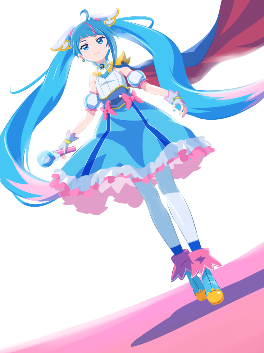 1girl, 32zzz, ankle_boots, blue_dress, blue_eyes, blue_footwear, blue_hair, boots, bow, brooch, closed_mouth, commentary, cure_sky, cut_bangs, detached_sleeves, dress, dress_bow, dutch_angle, english_commentary, fingerless_gloves, frilled_dress, frills, gloves, grey_gloves, highres, hirogaru_sky!_precure, holding, jewelry, long_hair, looking_at_viewer, magical_girl, medium_dress, multicolored_hair, pantyhose, pink_hair, precure, puffy_detached_sleeves, puffy_sleeves, short_dress, single_sidelock, sky_mirage, sleeveless, sleeveless_dress, smile, solo, sora_harewataru, standing, streaked_hair, thigh-highs, twintails, two-tone_dress, two-tone_hair, very_long_hair, white_dress, white_gloves, white_thighhighs, wing_brooch, wing_hair_ornament