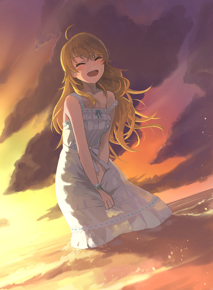 1girl, absurdres, ahoge, bare_shoulders, blonde_hair, blush, bow, breasts