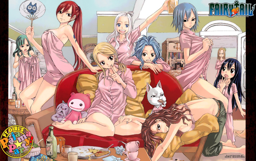 absurdres, barefoot, blonde_hair, blue_eyes, blue_hair, blush, bottomless, bra, breasts, brown_eyes, brown_hair, cana_alberona, cat, charle_(fairy_tail), dog, drink, eating, erza_scarlet, evergreen_(fairy_tail), fairy_tail, fan, food, glasses, green_hair, highres, juvia_loxar, large_breasts, legs, levy_mcgarden, lingerie, lucy_heartfilia, mashima_hiro, mirajane, multiple_girls, official_art, open_mouth, pajamas, panties, pillow, pizza, red_eyes, red_hair, redhead, sideboob, sitting, tattoo, towel, underwear, visca_mulan, wendy_marvell, white_hair