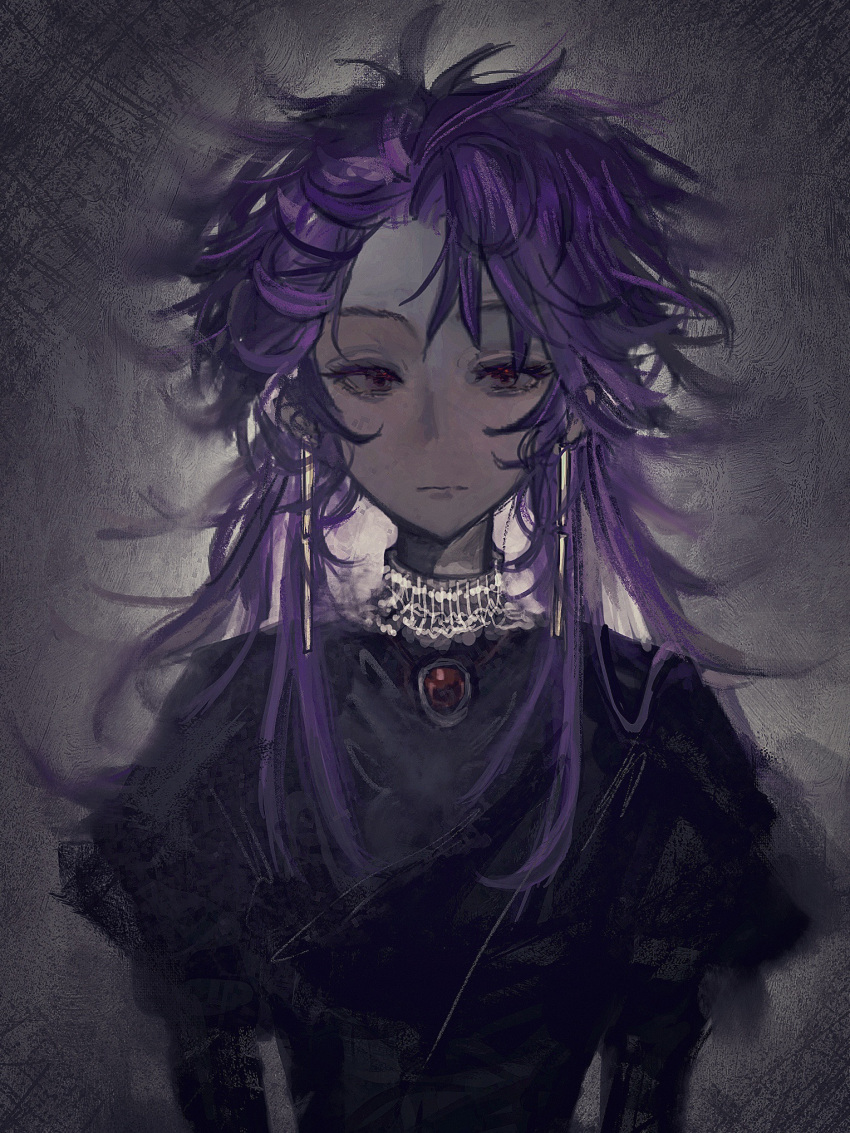 1girl, :|, black_shirt, brooch, chundizhouqin, closed_mouth, earrings, genderswap