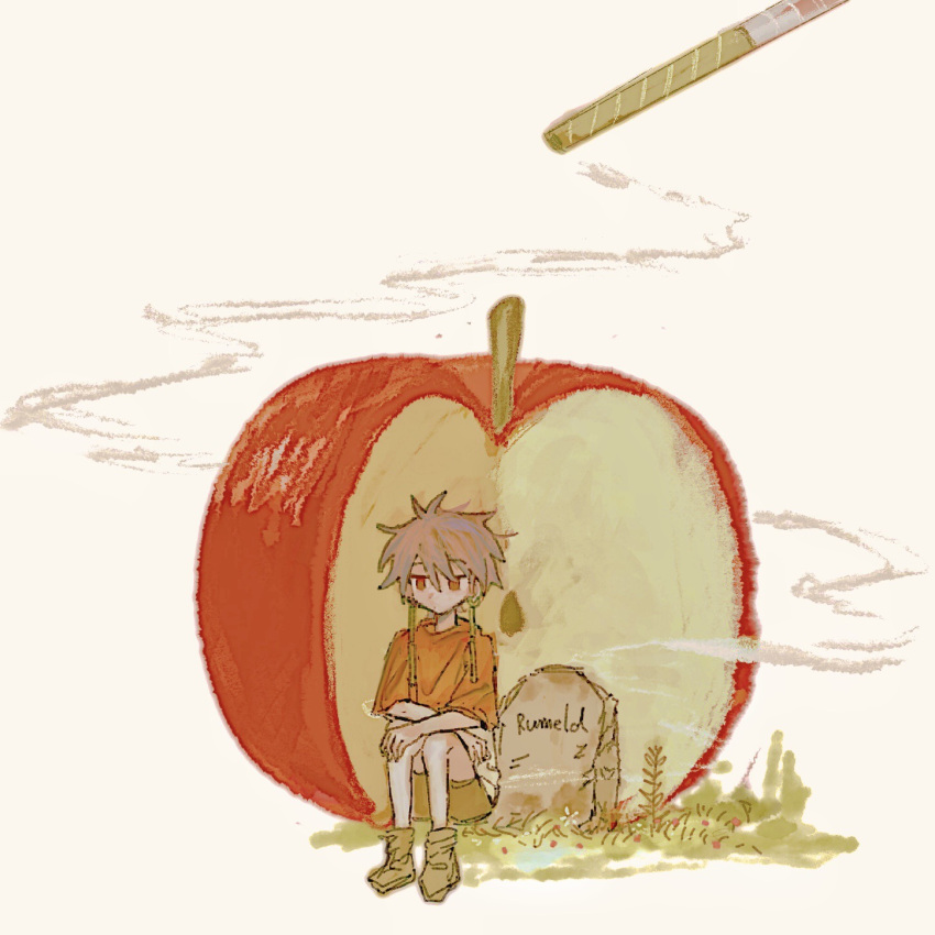 1boy, apple, brown_footwear, capelet, chundizhouqin, cigarette, closed_mouth, earrings