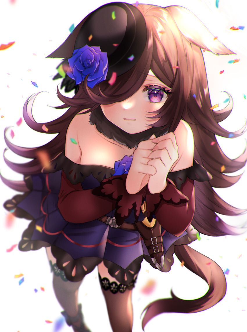 1girl, absurdres, animal_ears, bare_shoulders, black_headwear, black_thighhighs, blue_flower, blue_rose