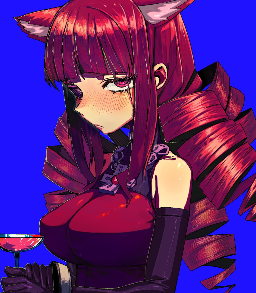 1girl, alcohol, animal_ear_fluff, animal_ears, artificial_eye, bare_shoulders, black_gloves, blue_background, blunt_bangs, blush, breasts, brooch, cat_ears, champagne_coupe, commentary, commission, cross, cup, drill_hair, drinking_glass, elbow_gloves, english_commentary, extra_ears, frown, gloves, go_d_e, highres, holding, holding_cup, jewelry, large_breasts, long_hair, looking_at_viewer, looking_to_the_side, mechanical_eye, quad_drills, red_eyes, redhead, sidelocks, simple_background, solo, stella_hoshii, upper_body, va-11_hall-a