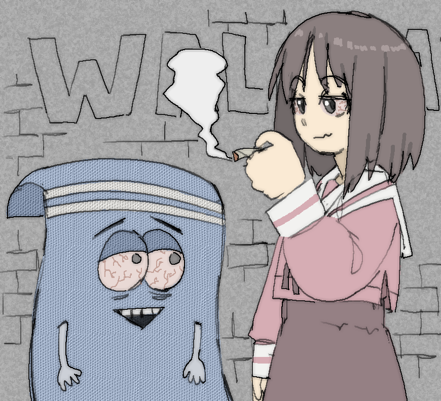 1girl, azumanga_daioh, azumanga_daioh's_school_uniform, bags_under_eyes, bloodshot_eyes, brown_hair, cigarette, drugs