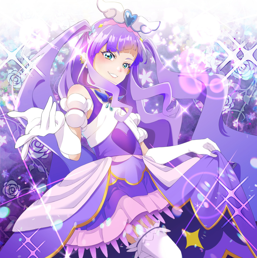 1girl, absurdres, aqua_eyes, brooch, clothing_cutout, cure_majesty, diffraction_spikes, dress