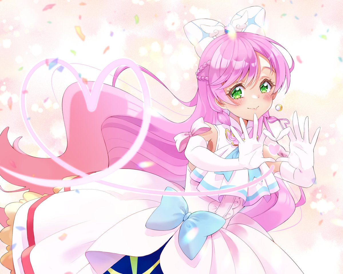 1girl, ascot, bow, braid, brooch, confetti, cure_prism, dress, dress_bow, earrings, elbow_gloves, gloves, green_eyes, hair_bow, heart, heart_hands, hirogaru_sky!_precure, jewelry, layered_dress, light_trail, long_hair, magical_girl, medium_dress, mu-chu, nijigaoka_mashiro, pink_hair, precure, side_braid, single_earring, sleeveless, sleeveless_dress, solo, twin_braids, very_long_hair, white_ascot, white_bow, white_dress, white_gloves, wing_brooch