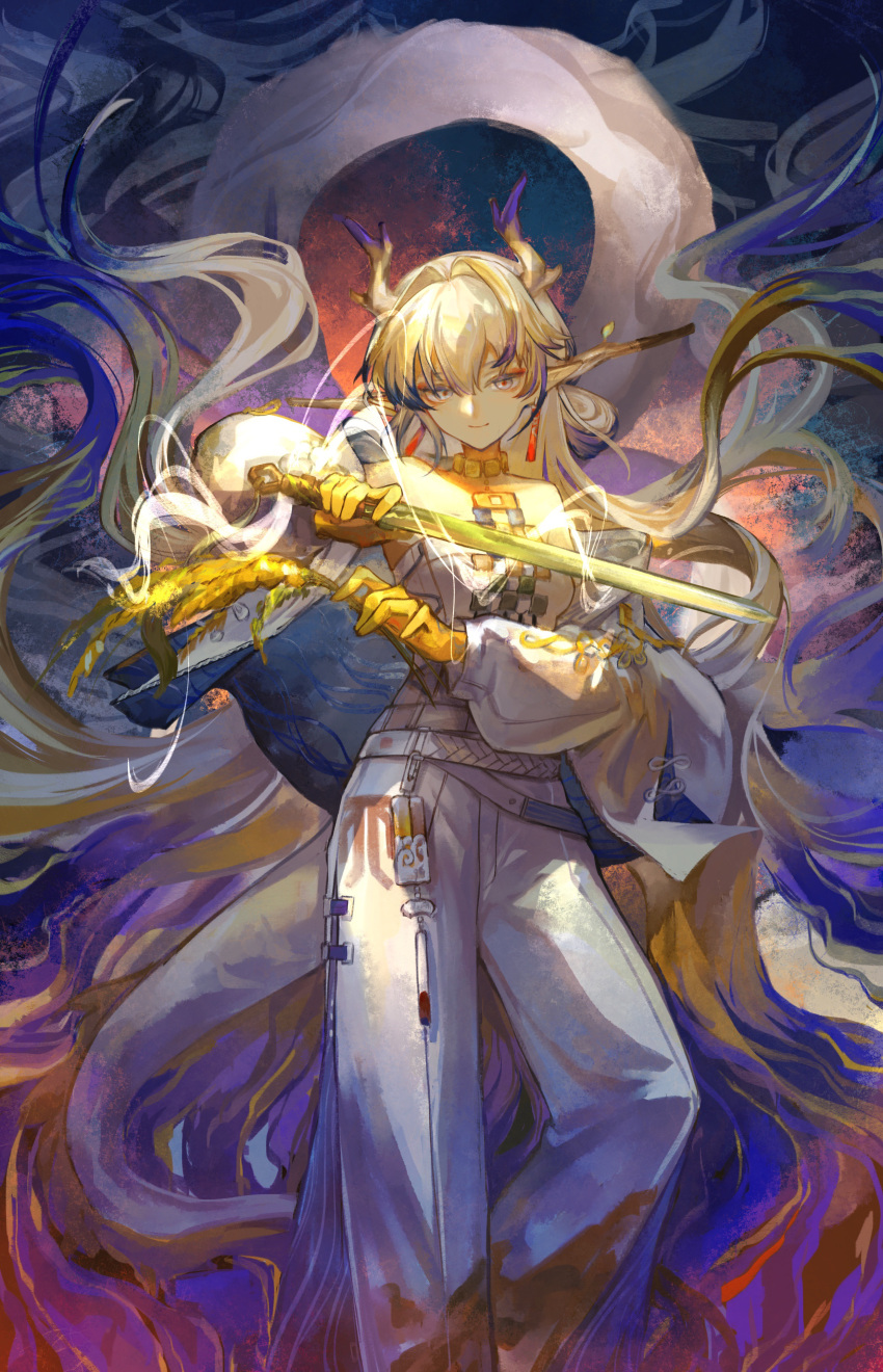 1girl, absurdres, arknights, bare_shoulders, belt, blonde_hair, blue_eyes, blue_hair