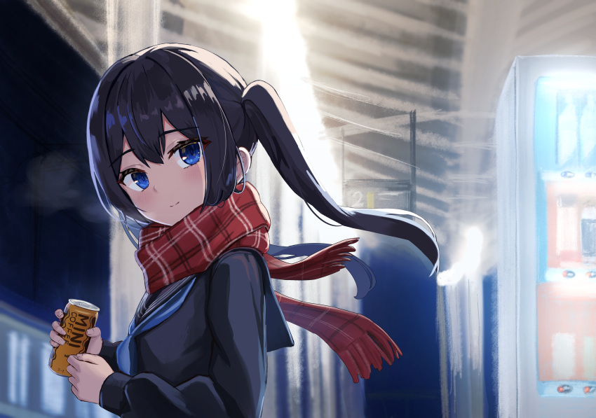 1girl, absurdres, black_hair, blue_eyes, blush, breath, can, canned_coffee