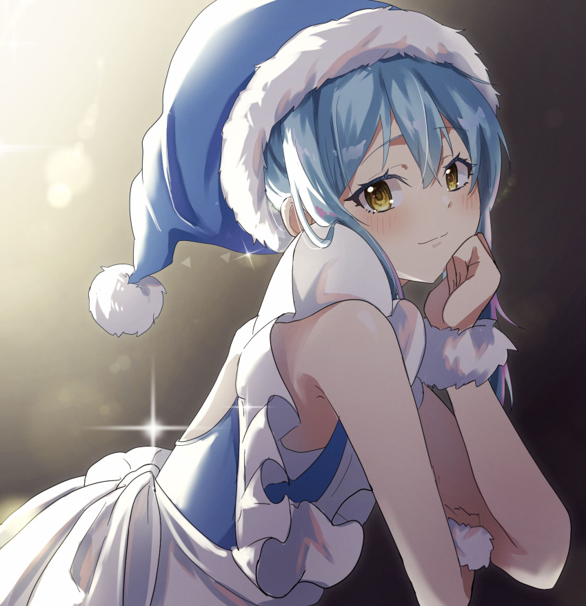1other, absurdres, armpits, blue_hair, blush, chocoeiru, christmas, hat