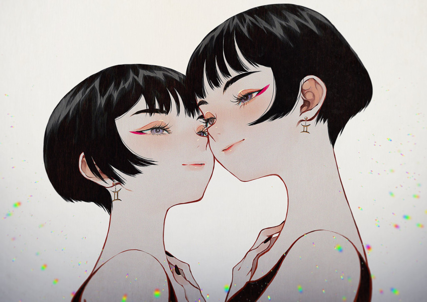 2girls, bare_shoulders, black_hair, black_nails, cheek-to-cheek, closed_mouth, collarbone, commentary
