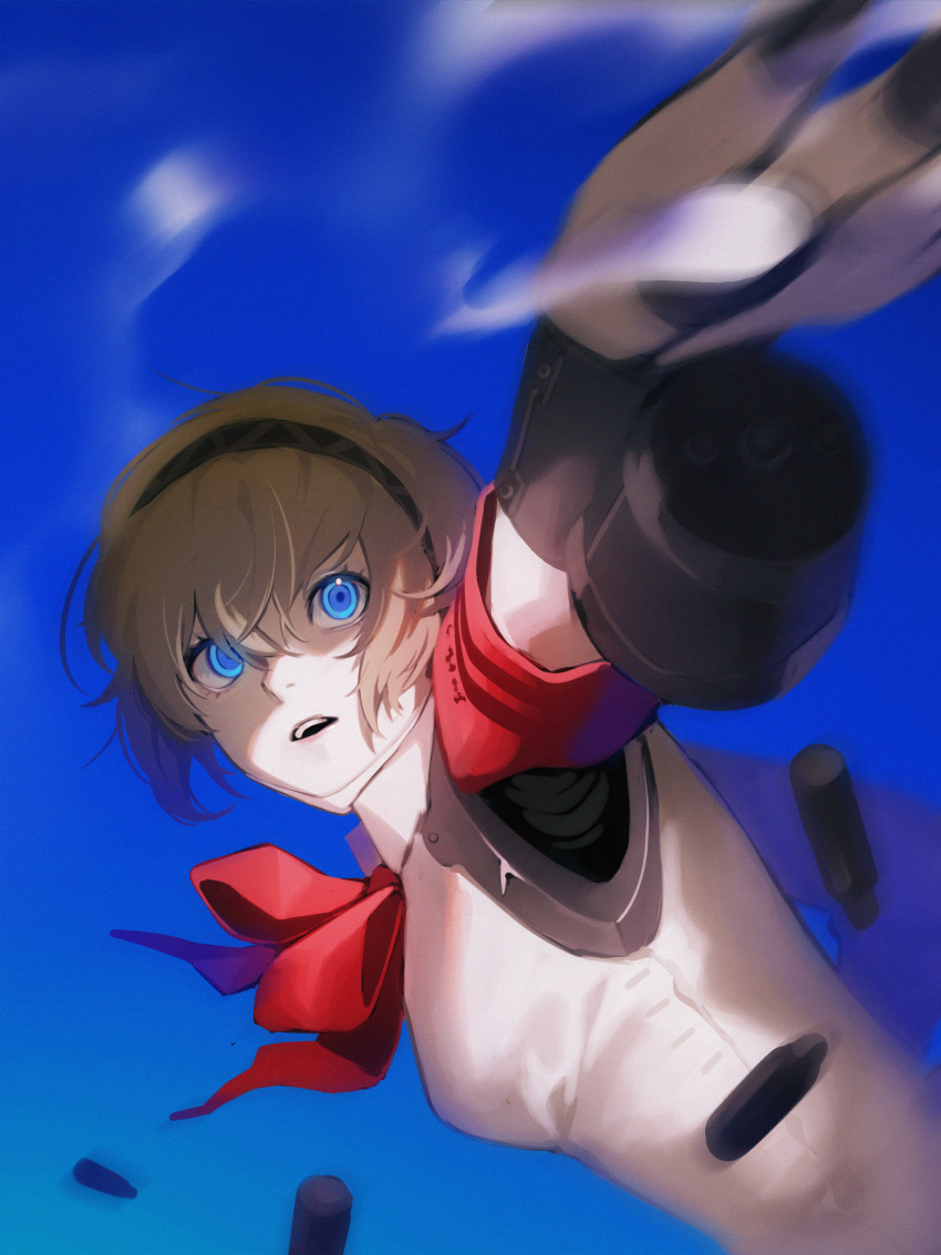 1girl, absurdres, aegis_(persona), android, battle, blonde_hair, blue_background, blue_eyes