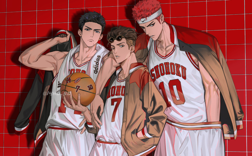 14ho_sd, arm_around_neck, ball, basketball_(object), basketball_jersey, basketball_uniform, black_eyes, black_hair