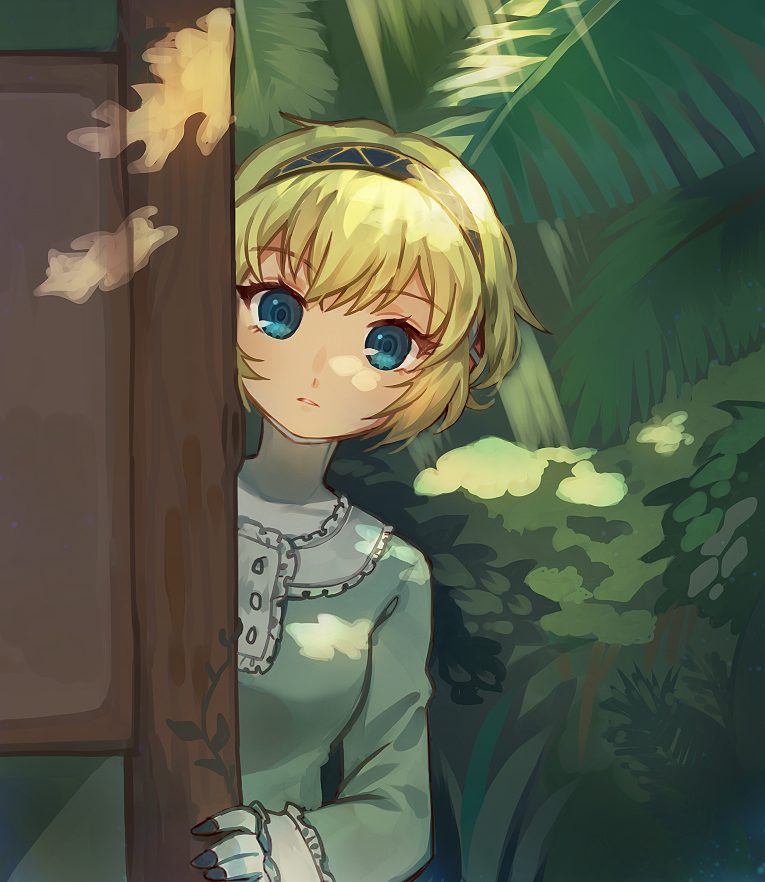 1girl, aegis_(persona), banana_leaf, blonde_hair, blue_dress, blue_eyes, byoru, commentary