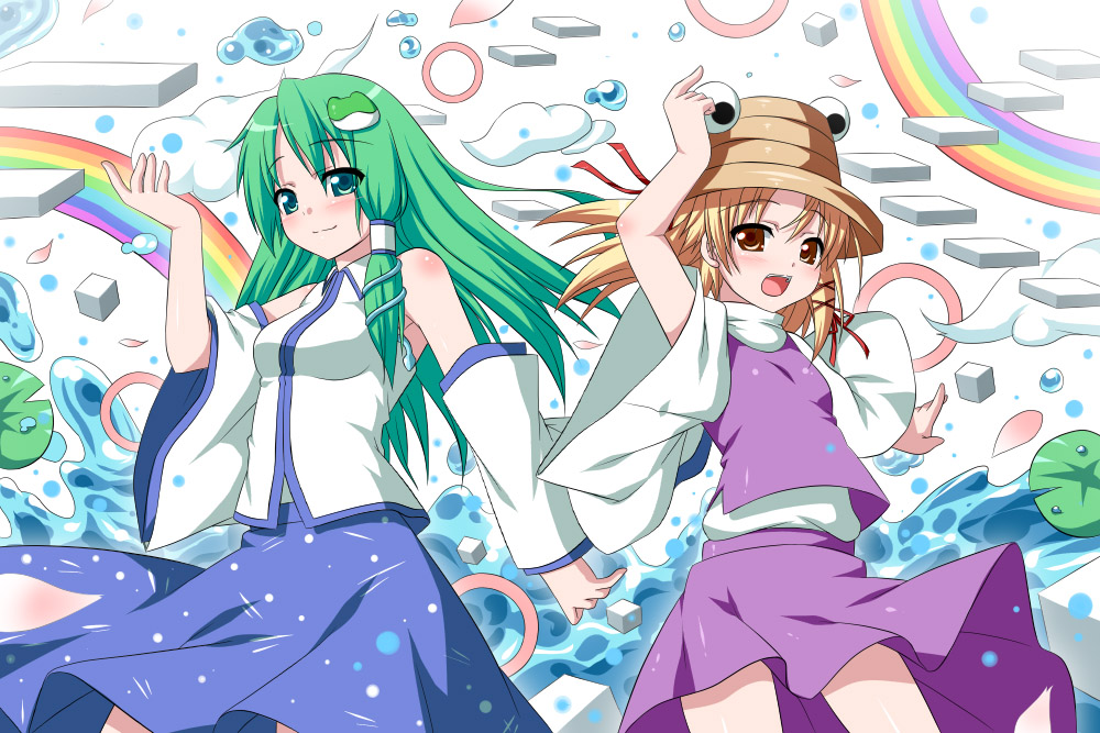 bad_id, bare_shoulders, blonde_hair, detached_sleeves, double_rainbow, eyes, frog, green_eyes