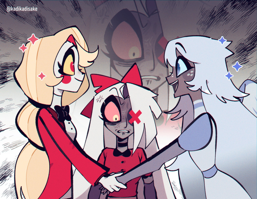 3girls, angel, anger_vein, black_bow, black_bowtie, blonde_hair, blue_eyes, blue_sclera