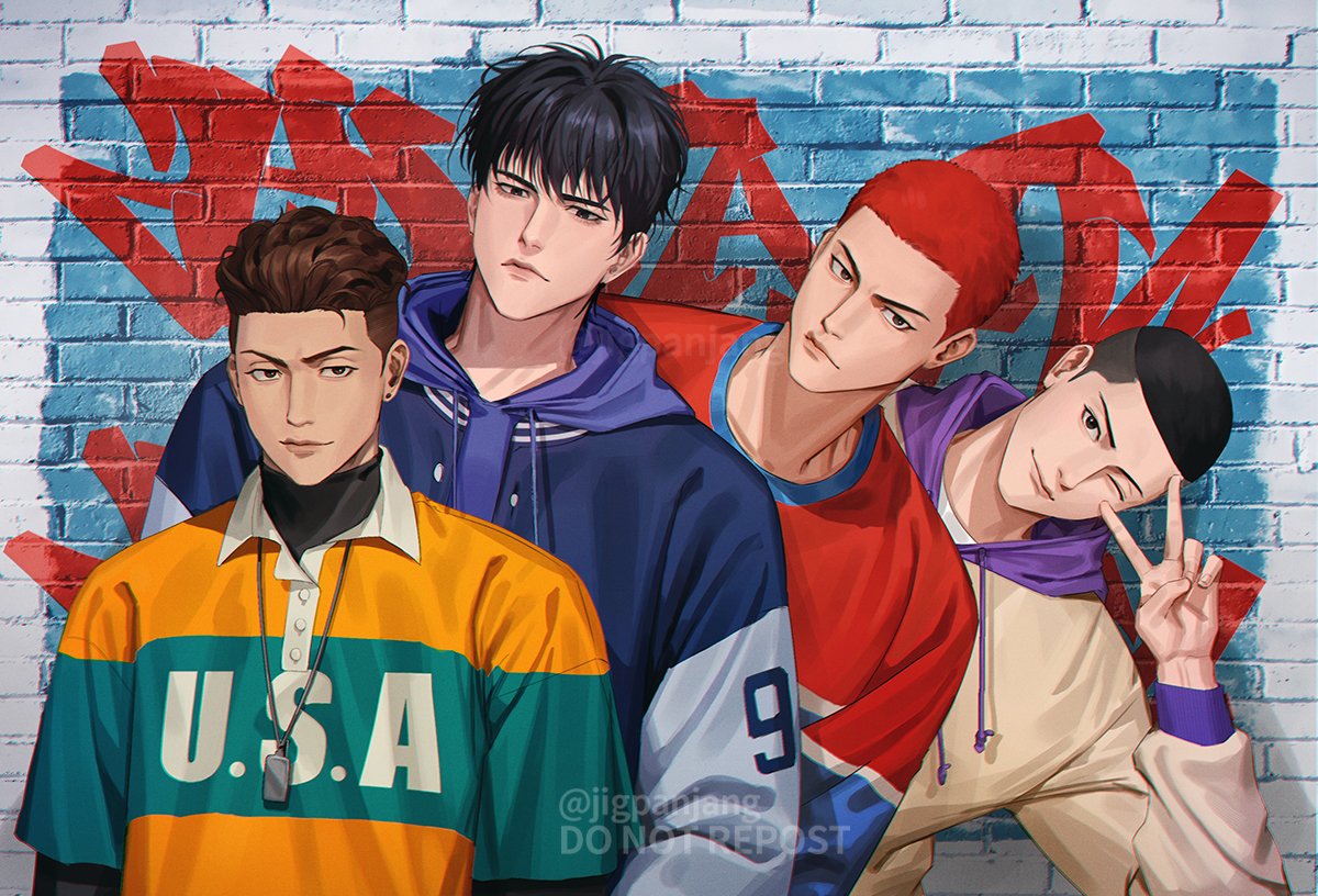 4boys, black_eyes, black_hair, brown_eyes, brown_hair, buzz_cut, casual, jigpanjang, male_focus, messy_hair, miyagi_ryouta, multiple_boys, one_eye_closed, pompadour, redhead, rukawa_kaede, sakuragi_hanamichi, sawakita_eiji, short_hair, slam_dunk_(series), smile, twitter_username, upper_body, very_short_hair