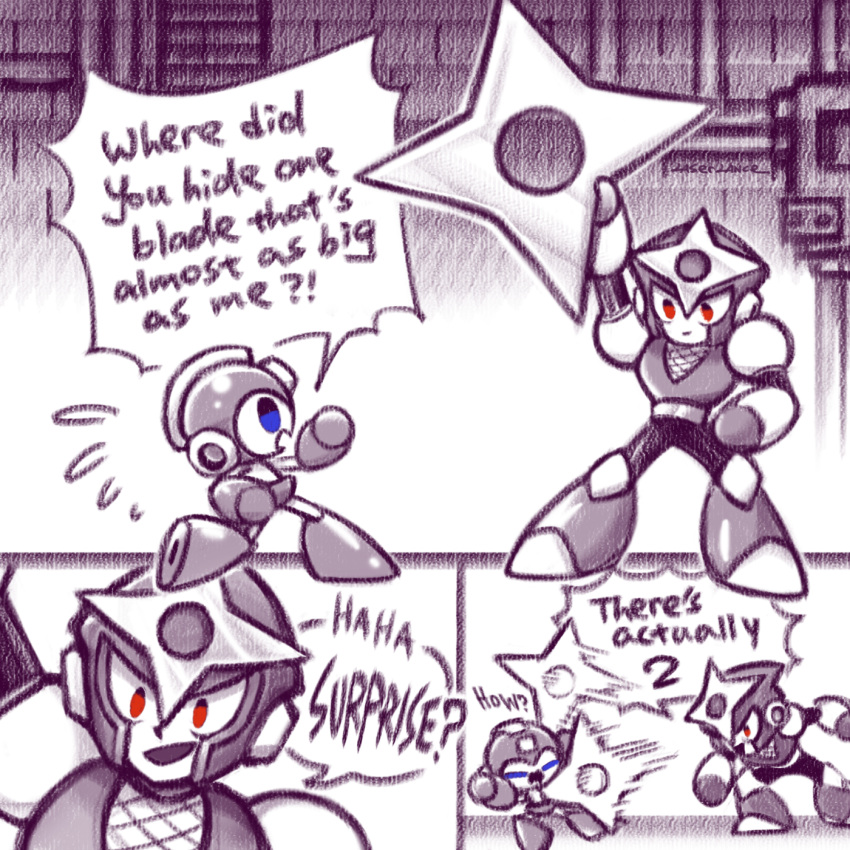 2boys, blue_eyes, commentary_request, english_text, flying_sweatdrops, highres, humanoid_robot, laser-lance