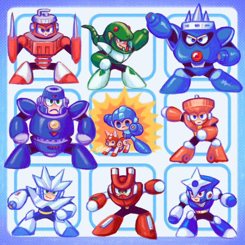 6+boys, blue_eyes, closed_mouth, gemini_man, green_eyes, hard_man, highres, humanoid_robot
