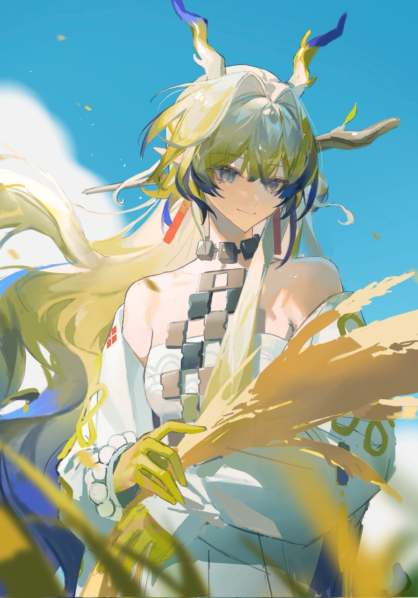 1girl, arknights, bare_shoulders, blue_hair, blue_sky, blurry, blurry_background, closed_mouth