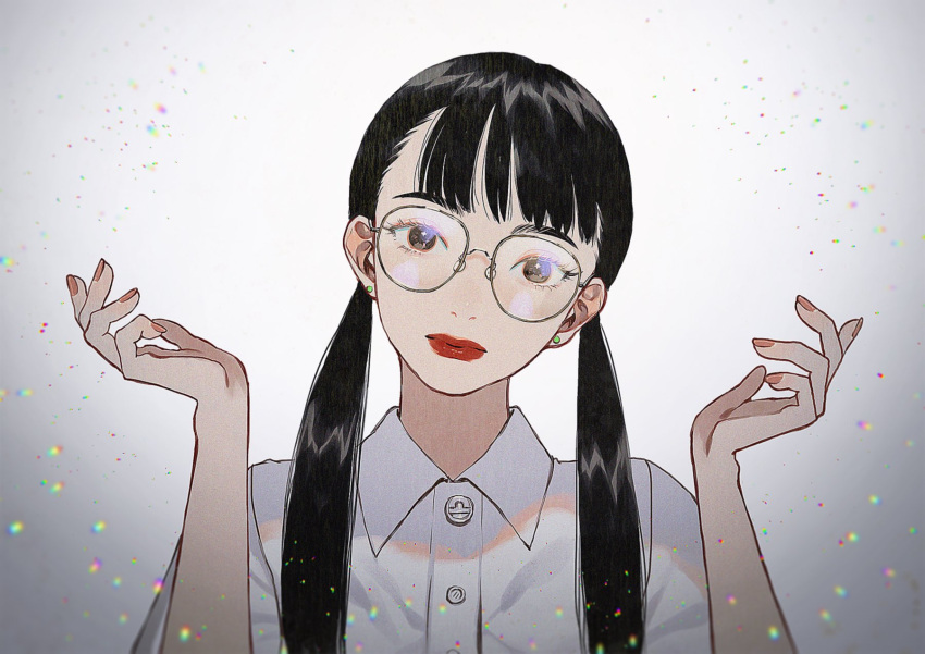 1girl, black_hair, brown_eyes, buttons, closed_mouth, collared_shirt, commentary, dress_shirt