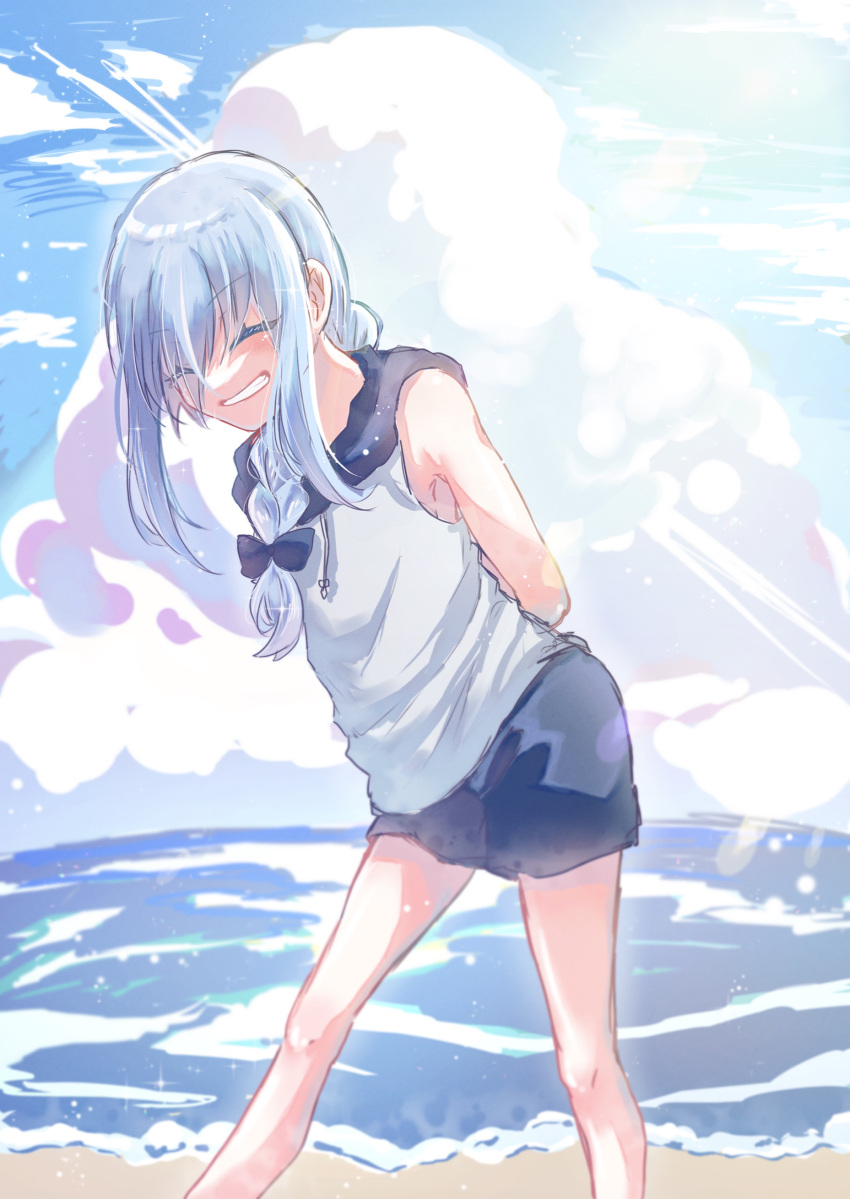 1other, absurdres, armpits, beach, blue_hair, braid, chocoeiru, clouds