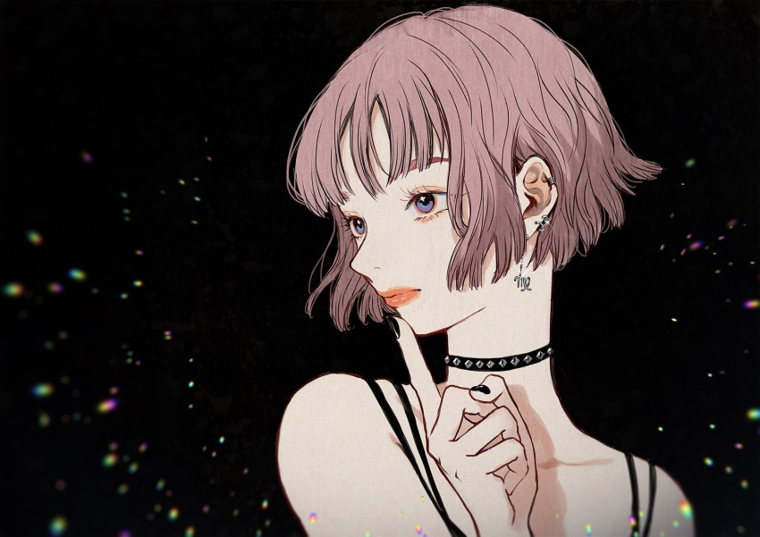 1girl, black_nails, blue_eyes, choker, closed_mouth, commentary, earrings, eyelashes