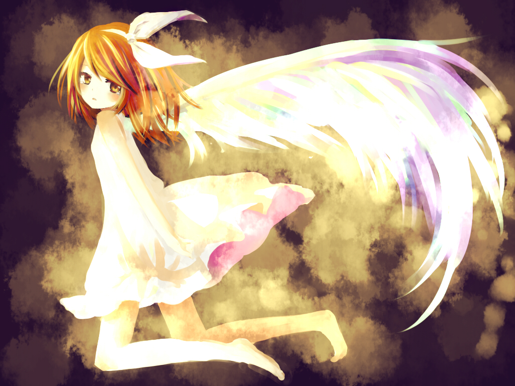 amane_kurumi, angel_wings, barefoot, blonde_hair, dress, hair_ribbon, kagamine_rin, ribbon, short_hair, solo, tears, vocaloid, white_dress, wings, yellow_eyes