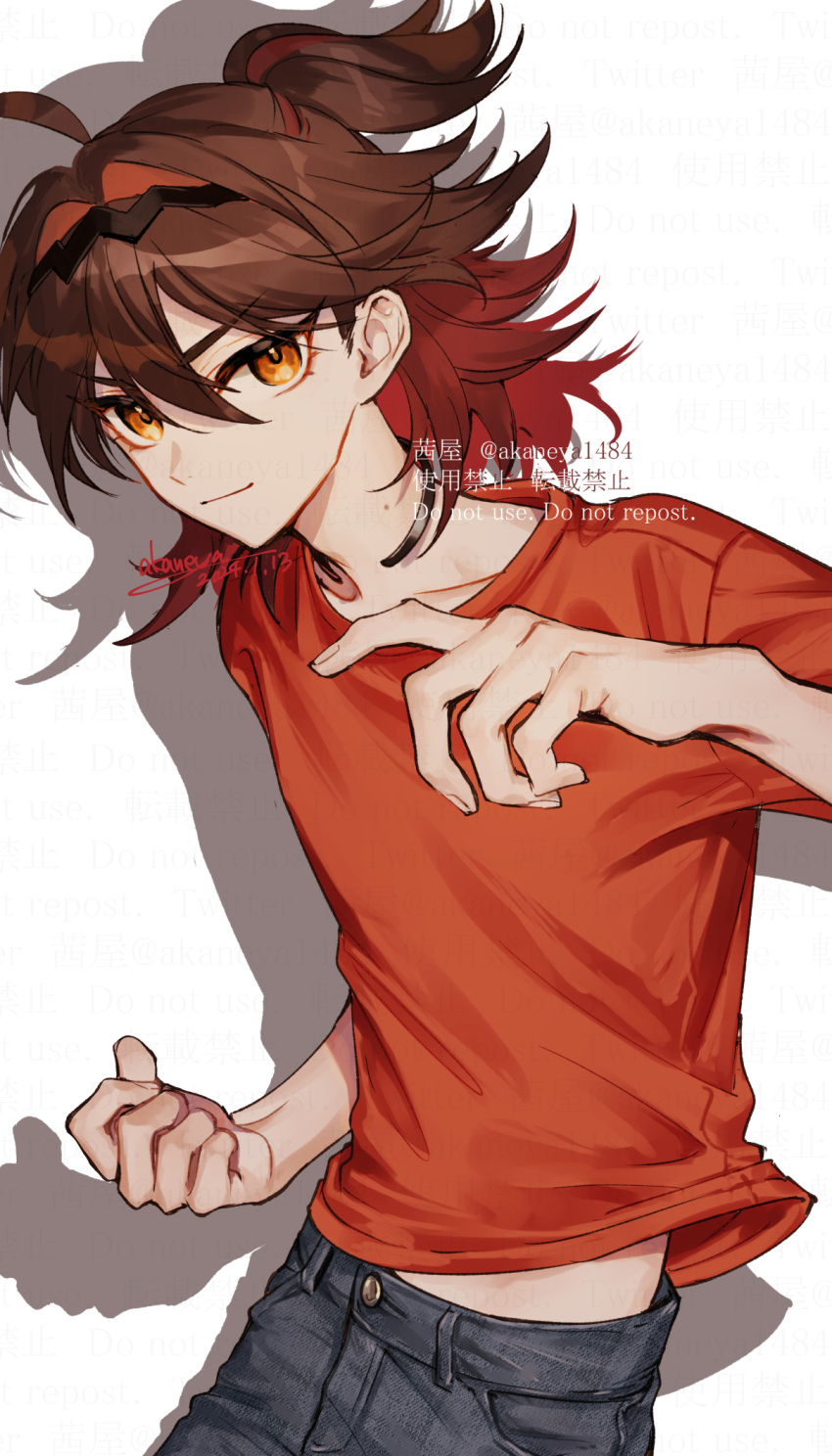 1boy, ahoge, artist_name, black_hairband, brown_eyes, brown_hair, clenched_hand, closed_mouth