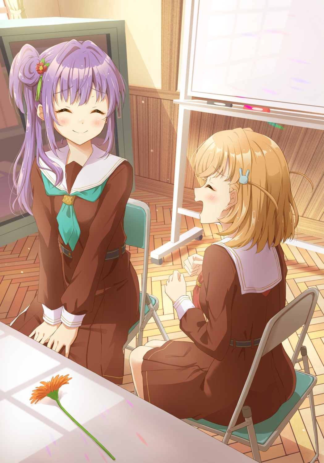 2girls, blush, chair, closed_eyes, commentary_request, dress, flower, hair_ornament