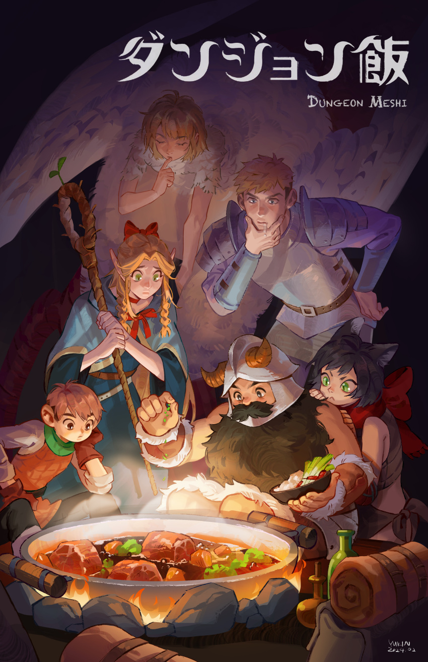 3boys, 3girls, :<, absurdres, armor, beard, black_hair, bottle