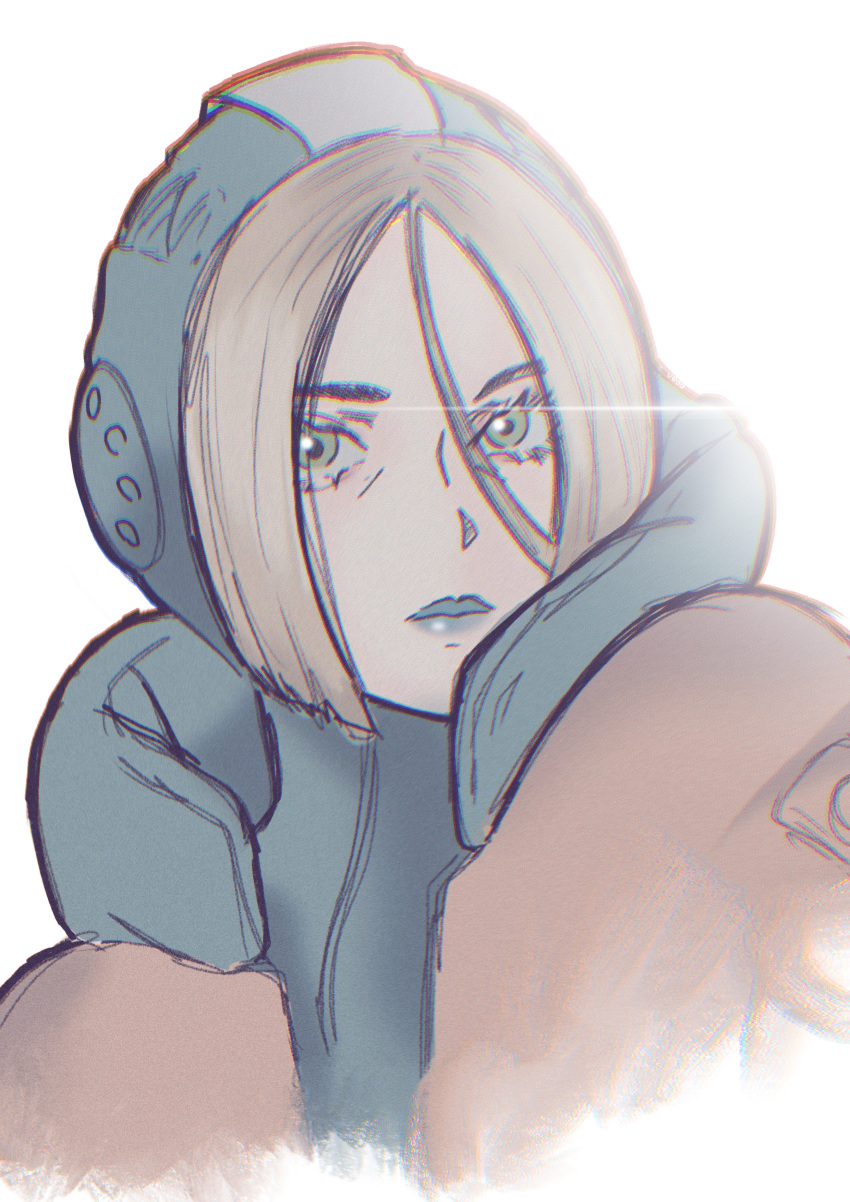 1girl, absurdres, aged_up, alternate_eye_color, animification, apex_legends, blonde_hair, blue_bodysuit
