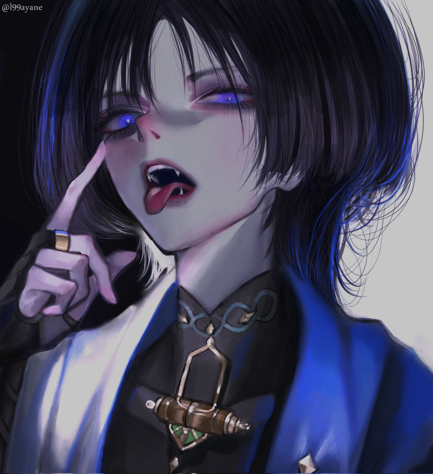 1boy, ayane_asamura, black_gloves, black_shirt, blue_eyes, english_commentary, fangs, fingerless_gloves, genshin_impact, gloves, highres, jewelry, looking_at_viewer, male_focus, medium_hair, parted_bangs, portrait, ring, scaramouche_(genshin_impact), shirt, solo, twitter_username, vest, wanderer_(genshin_impact), white_vest