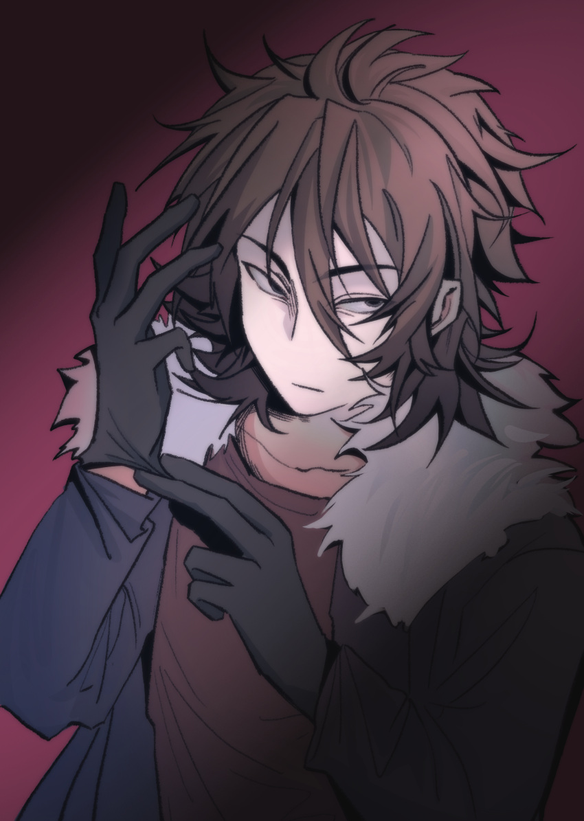 1boy, black_gloves, blue_jacket, brown_hair, chinese_commentary, commentary_request, fur-trimmed_jacket, fur_trim
